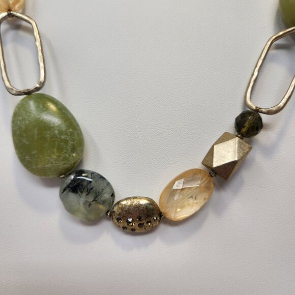 Sigrid Olsen Stone Metal Chunky Link Necklace Gold Tone Green Earth Tones Boho - Picture 2 of 5